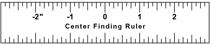 A graphic of a center-finding ruler featuring a scale that runs from negative 2 to positive 2 inches with the zero mark in the middle. The image was generated with a double ruler generator at rchernikov.com