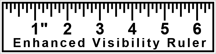 An image of an enhanced visibility ruler displaying inch measurements from 1 to 6 with oversized bold numbering and thick tick marks. The image was generated with a double ruler pattern generator at rchernikov.com
