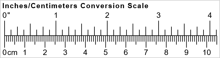 A generated graphic of an Inches/Centimeters Conversion Scale ruler, showing measurements from 0" to 4" on the top edge and 0cm to 10cm on the bottom edge. The image was generated with a double ruler generator at rchernikov.com