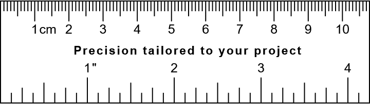 A digital double-sided ruler showing centimeters on top and inches on the bottom, with the text Precision tailored to your project. The image was generated with a double ruler pattern generator at rchernikov.com